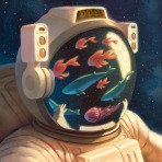 My avatar: an astronaut in a spacesuit with a school of fish and the moon visible in the reflection on their visor