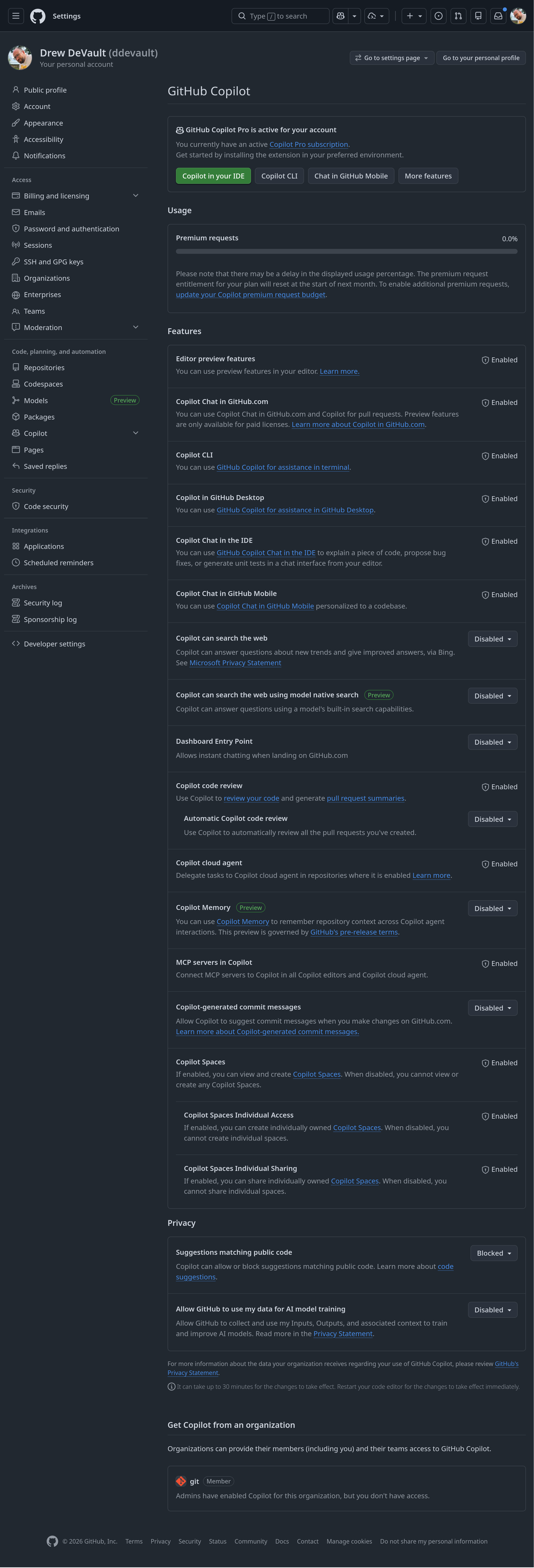 A screenshot of GitHub's copilot settings. Everything which can be disabled is disabled, but may features cannot be disabled. There is no obvious way to cancel the subscription.