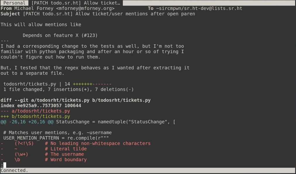 Screenshot of aerc displaying a patch