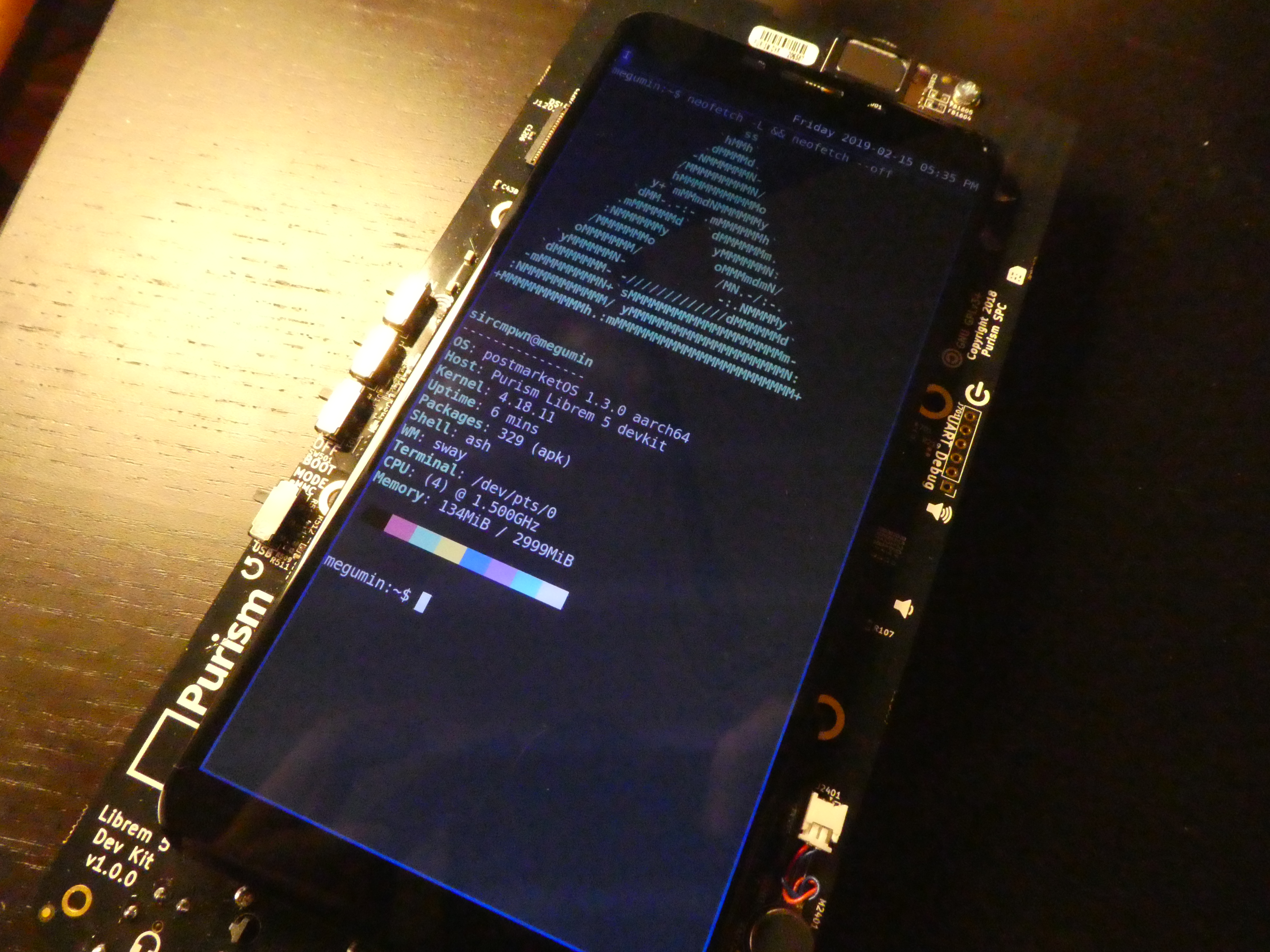 A picture of a Librem5 devkit running pmOS and sway
