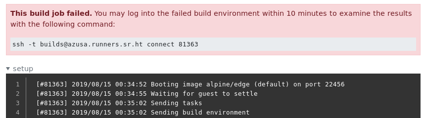 Screenshot of a failed build on builds.sr.ht offering SSH access to the build
environment