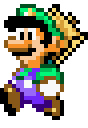 A pixel-art sprite of Luigi from Super Mario World holding a large hammer