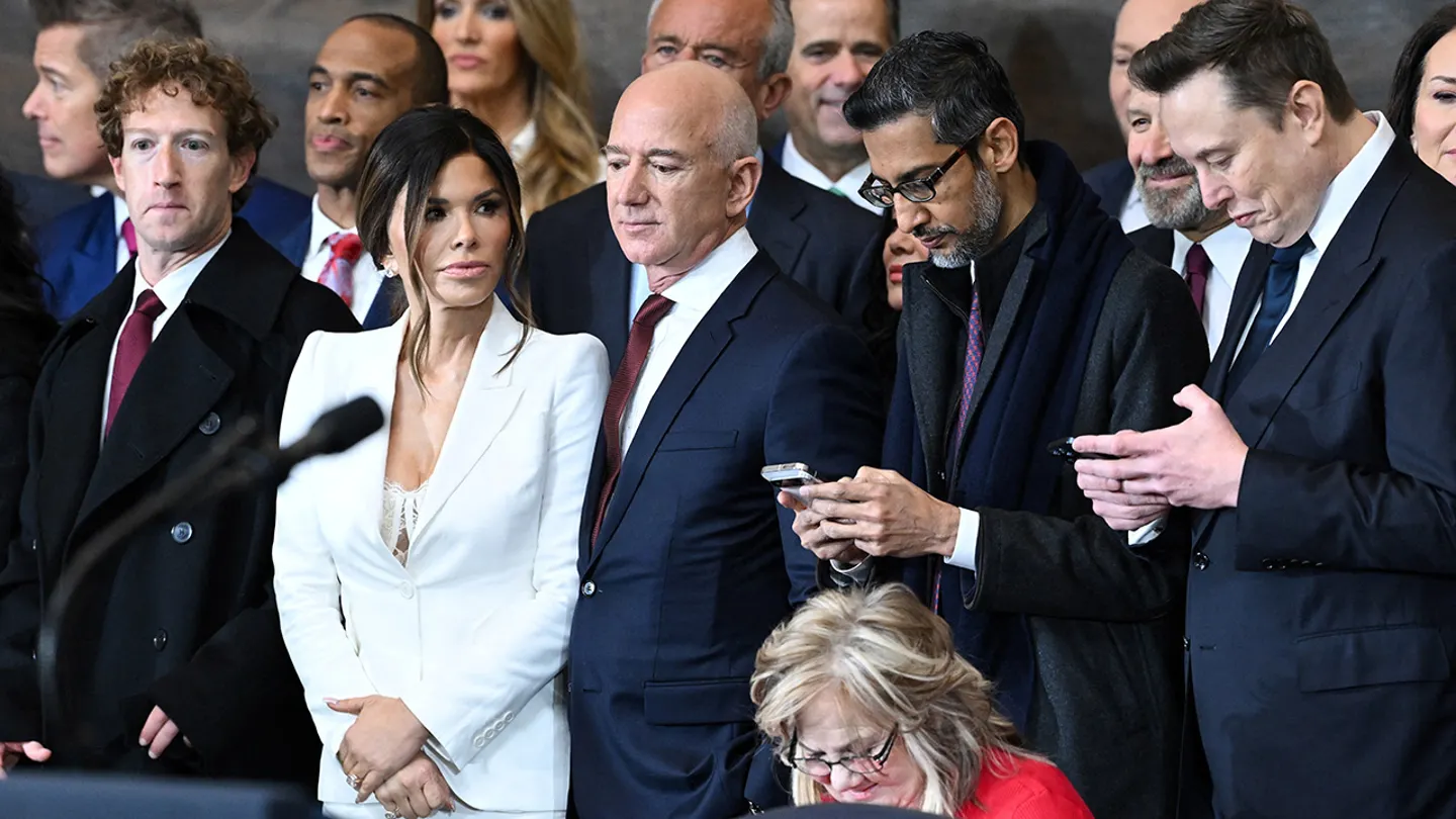 Photograph prominently featuring Mark Zuckerberg, Jeff Bezos and his wife, Sundar Pichai, and Elon Musk