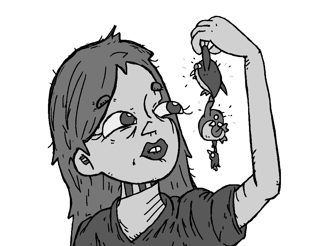 A picture of a woman holding some birds in her hand up for inspection. She is not impressed.